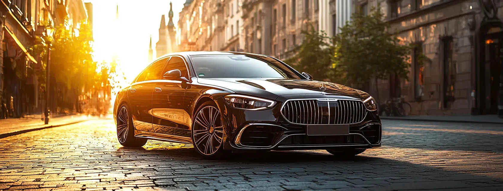 A sleek sedan front view close-up parked